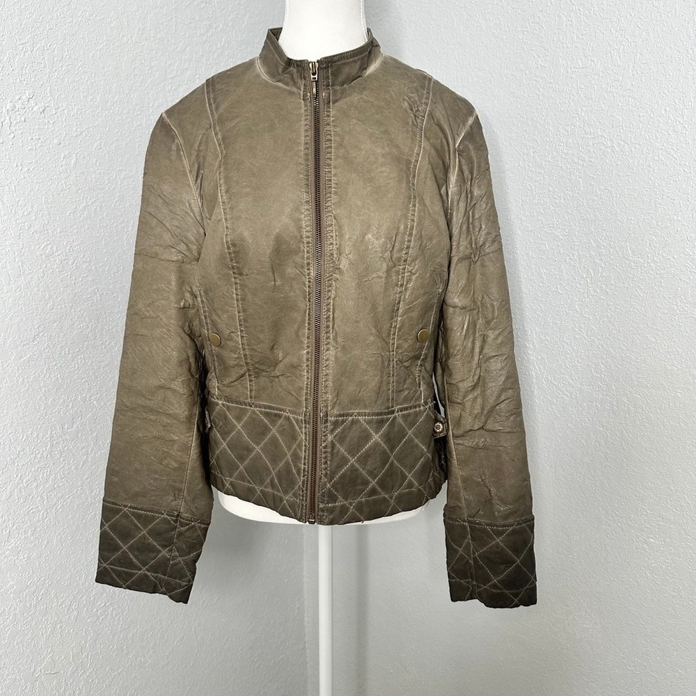 Womens Quilted Faux Leather Jacket Olive Green Moto‎ Biker Style Medium